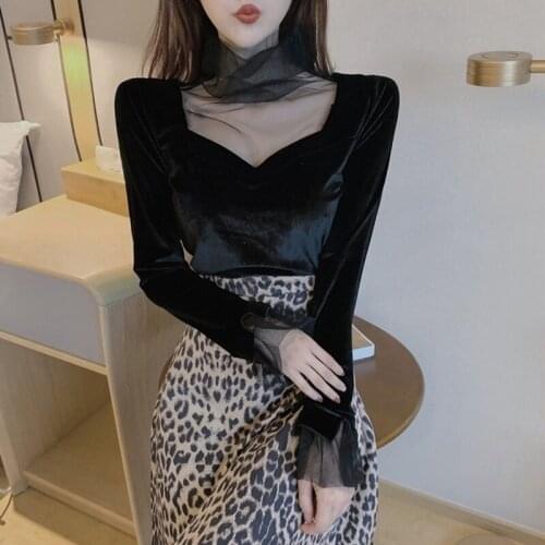 2021 New Spring Autumn Sexy Women Blouses See Through Transparent Mesh Tops Long Sleeve Slim Ladies Turtleneck Shirt Y59