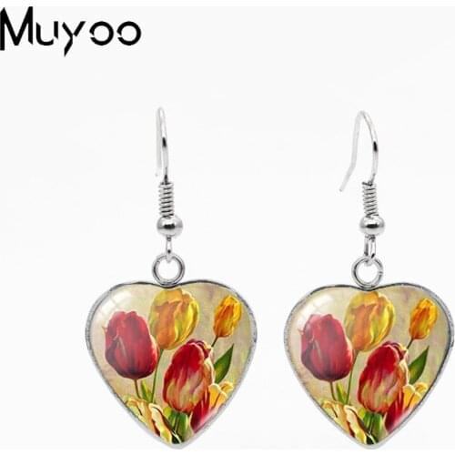 New Arrival Colorful Painted Tulips Flower Oil Paintings Handmade Glass Cabochon Heart Dangle Earrings