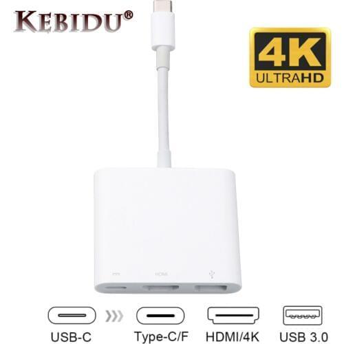 Kebidu Hot Type-C to Type-C/USB/HDMI-compatible 3-in-1 Hub USB3.0 Female Charger Adapter, For New Macbook Dell XPS 13