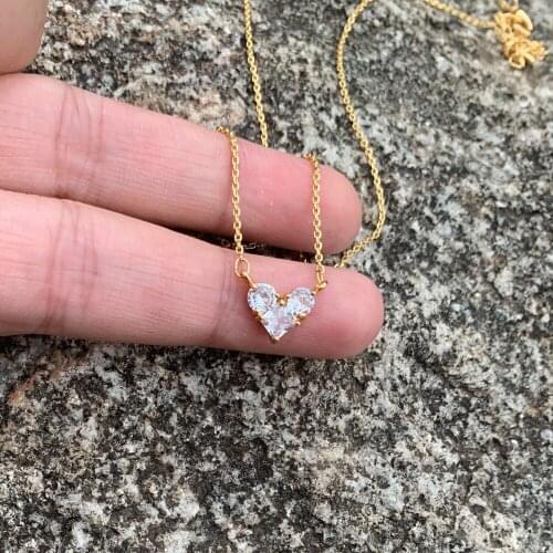 Simple Cute Small Zircon Heart Shape Pendant Necklace Trendy Crystal Gold Color Charm Chain Choker Necklace Women Jewelry