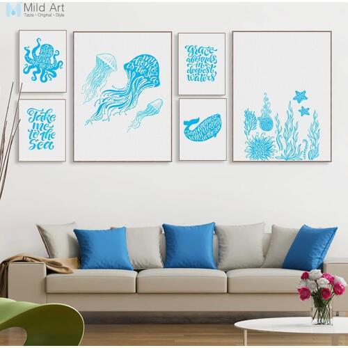 Blue Ocean Animals Whale Octopus Sea Quotes Poster Print Nordic Living Room Wall Art Picture Home Decor Canvas Painting Custom
