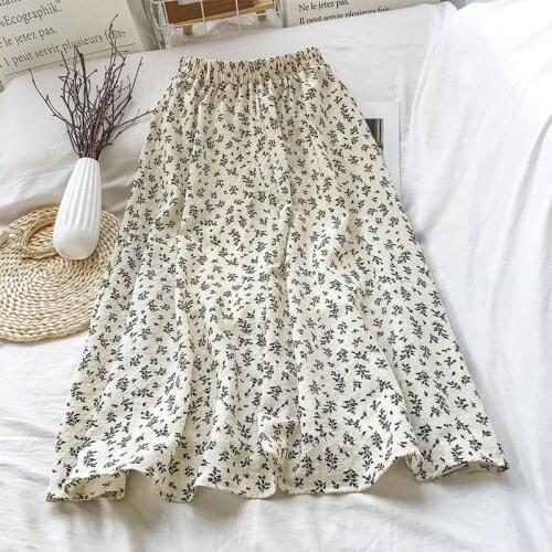 Women Autumn Elegant Elastic Waist Floral Printed Midi-Calf White Skirts Summer Girls High Waist Casual Balck Skirt DS302