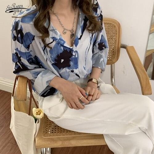 Women Chic Floral Shirt Autumn New 2021 Casual Tops Mujer Long Sleeve Shirt Turn-down Collar Vintage Korean Clothes Blusas 15712