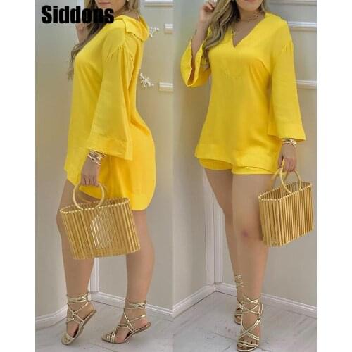 2021 Women Plain Bell Sleeve V-Neck Long Casual Loose Top & Shorts Set Casual Summer Solid Streetewar Suit Sets