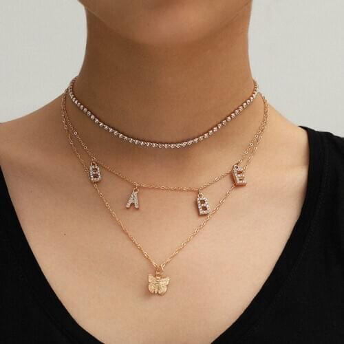 Women Fashion Butterfly Pendant Necklace for Women Crystal Chain Multi-layer Letters BABE Choker Neckalce Party Jeweley Gifts