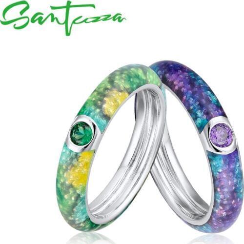 SANTUZZA Silver Rings For Women Purple Green Colorful Enamel Ring Eternity Ring 925 Sterling Silver Fashion Jewelry Handmade