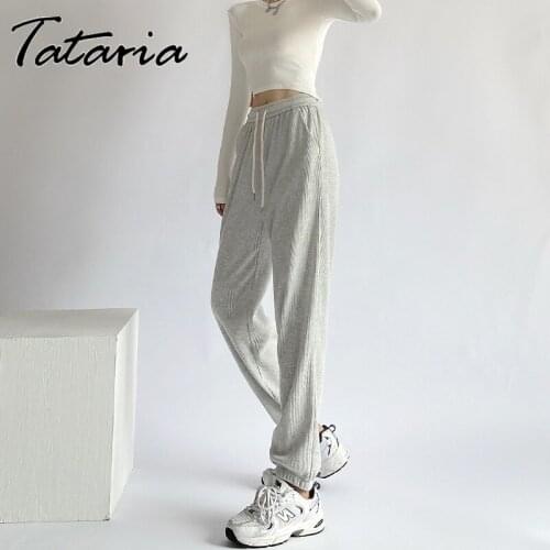 2021 Womens Waffle Wide Leg Pants Autumn Winter Gray Joggers Women Sweatpants High Waist Casual Sports Pants Baggies Streetwear