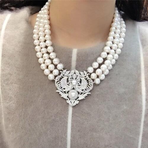 3rows natural 8-9mm white freshwater pearl Hand knotted micro inlay zircon accessories necklace fine jewelry