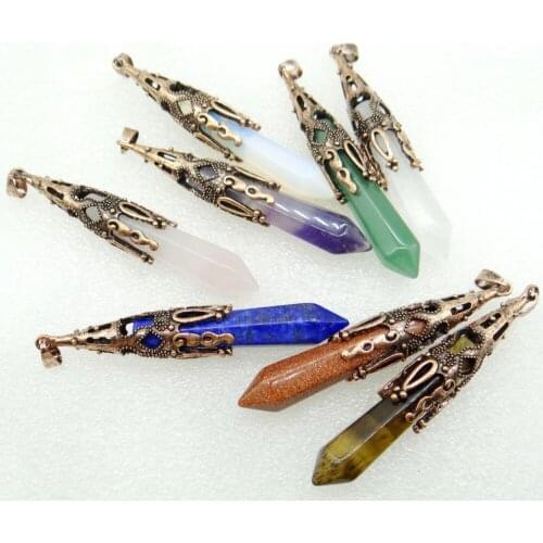 New Arrival Jewelry Gold Color Faceted Natural Stone lapis Crystal Quartz Pendulum Hexagon Suspension Pendant for Necklace 6pcs