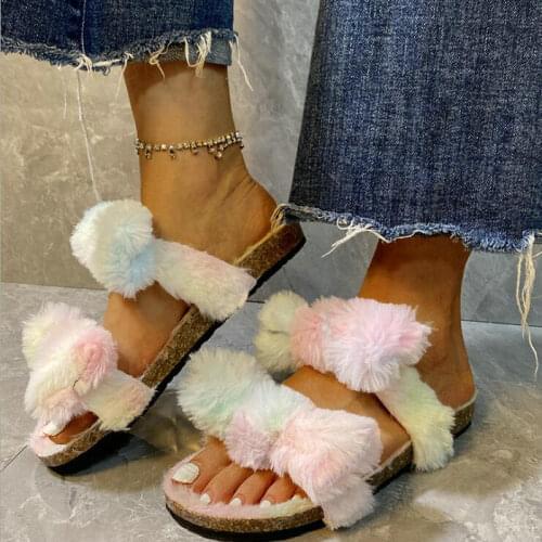 Flat sandals Double-layer bowknot fox fur fashion one-line fur shoes plus size leopard print slippers Drop Shipping