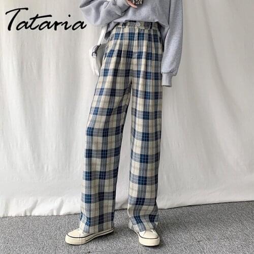 Floor-Length Plaid Pants Women Casual Autumn High Waist Sweatpants Female Straight Wide Trousers Classic Checkered Pants Woman
