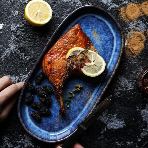 Long Irregular Ceramic Plate Japanese Style Deep Blue Dish Flat Fish Plate Shallow Fruit Plate Household Tableware Kitchen Dish