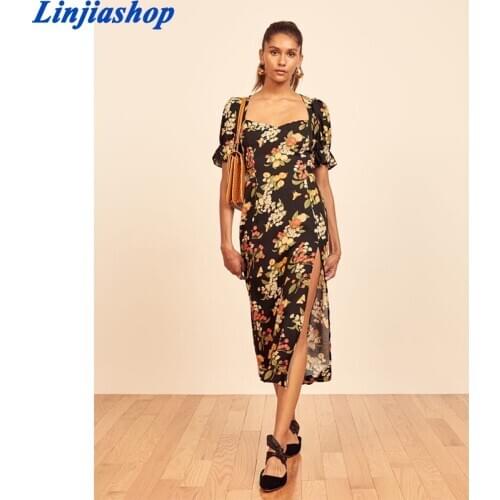 Elegant bohemian black print long summer dresses slash neck ruffles butterfly sleeve asymmetrical high waist reversible dress
