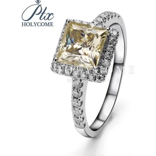 Fashion jewelry colorless 7x7mm yellow princess cut 18k gold moissanite diamond engagement ring кольца браслеты ьги с зеленным