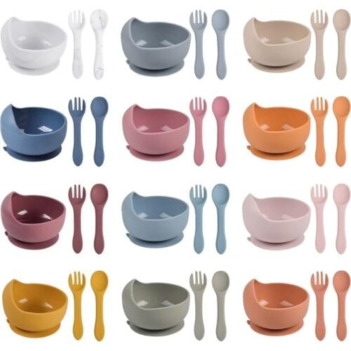 3 Pcs Baby Training Feeding Food Bowl Spoon Fork Set Anti Slip Silicone Suction Dishes Utensil BPA-Free Tableware