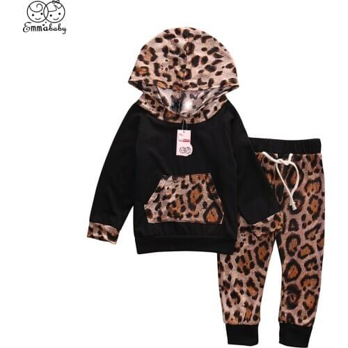 Emmababy 1-24M Autumn Spring Baby Girls Boys clothes set Leopard Hooded Pullover Long Sleeve Top Pants 2Pcs Set
