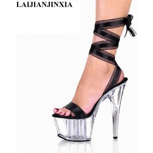LAIJIANJINXIA New Ankle Wrapped Straps Women Sandals 15Cm High Heels Platform Shoes Ladies Party Shoes Clear Extreme High Heel