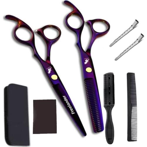 8 Pcs Professional Hair Cutting Scissors Set purple Thinning Shears Hair Comb Clips Hairdressing Kit Barber Home