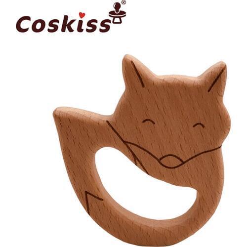 Coskiss Baby Wooden Teether Beech Wood Cartoon Fox Teething Toys Montessori Inspired Nursing Pendant Baby Teether