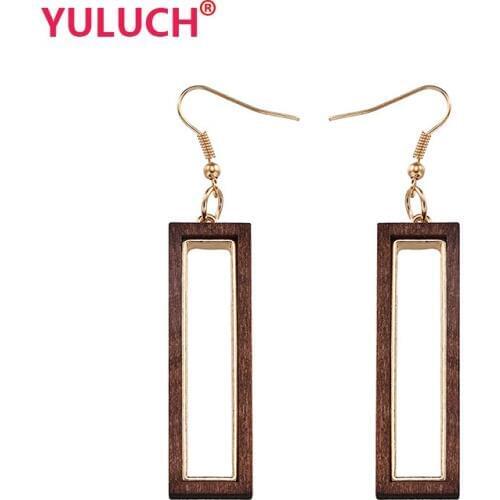 YULUCH Popular vintage jewelry earrings for alloy inlaid rectangular wood chip hollow pendant fashion woman earrings gift
