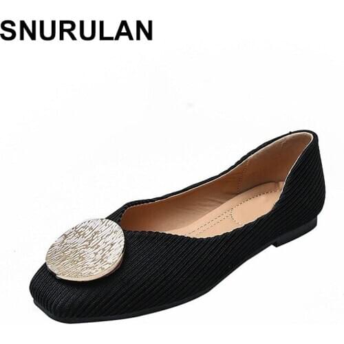 SNURULAN 2020 new spring summer flat shoes woman round metal buckle ballet flats ladies knitting loafers shallow mouth slip on