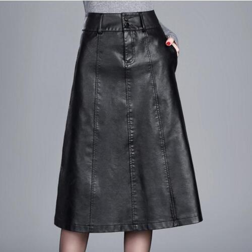 M/4Xl Womens Spring Autumn Leather Skirts High Waist A-Line Black Pu Leather Large Size Faldas Vintage Saias Midi Skirts K1230