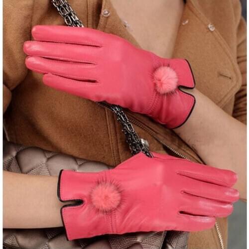 ZDFURS*Genuine Leather Glove Women Warm Fashion Winter Ladies Hand Warmer Gloves With Natural Mink Fur Ball