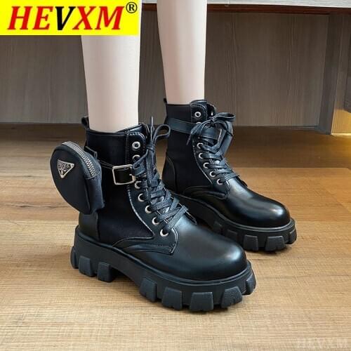 Women Pocket Boot Lace Up Ladies Ankle Boots Female Buckle Strap Black Chunky Sole Pouch Ankle Boots Woman Platform Shoe Fashion