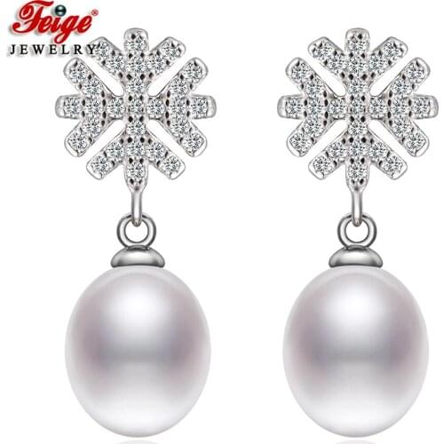 Snowflake 925 Sterling Silver Zircon White Natural Ellipse Freshwater Pearl Stud Earrings for Women Christmas Gift Jewelry FEIGE