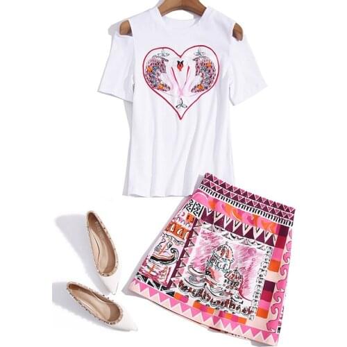 Fashion Women Runway 2021 Summer Off Shoulder Sequined Beading Animal Cotton T-Shirt+Flower Print Slim Skirt Set