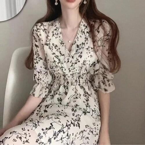 Women French Gentle Floral Patten One Piece Dress Slim V-neck Spring Summer Midi Dress Korean Chiffon Elastic Waist Boho Robe