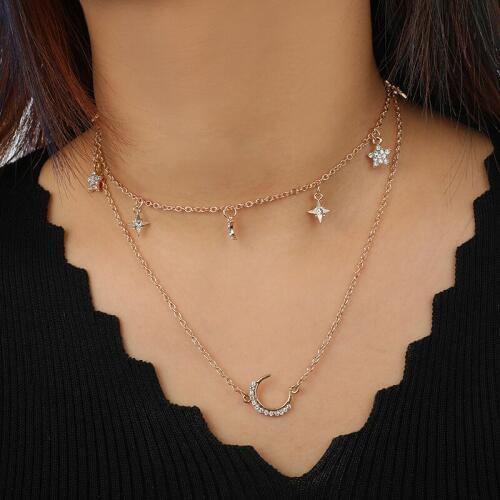 Bohemian Double Deck Star Moon Pendant Necklace Charming Women Rhinestone Short Choker Elegant Ladies Wedding Jewelry Gift