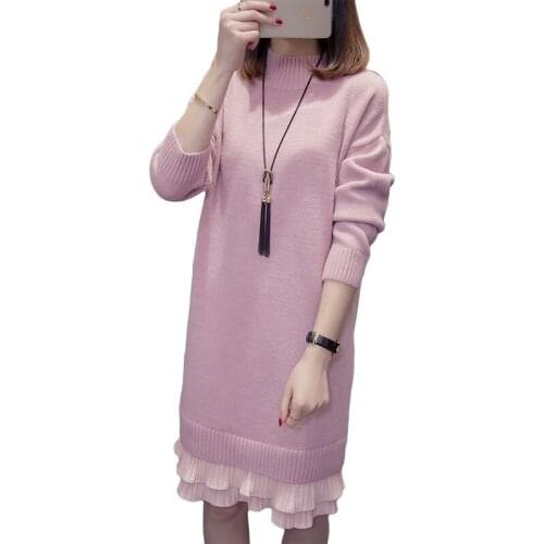 Women Winter Basic Mid Long Sweater Dress Half Turtleneck Long Sleeve Elegant Knitted Dresses Pullovers Ruffle Female Dress H573