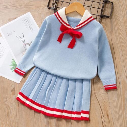 Bow stripe collar Girls Dress Winter Kids Girl Party Dress Long Sleeve Knitted Pullover+Dress Bow Tie Cute Children Knitwear 2pc