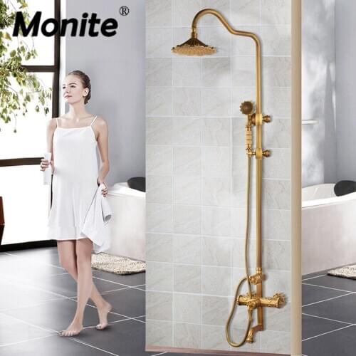 Monite Antique Brass Shower Faucets Flower Emboss Bathroom Shower Set Bath Rain Shower Wall Mounted Hand Held Brass Shower Head