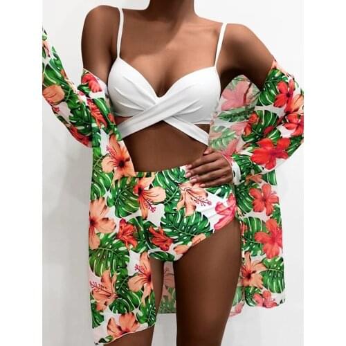 Printed Bikini Beach Cover Up Women High Waist Swimsuit Female 2021 Sexy Three Pieces Bikini Set Cross Push Up Bathing Suit Swim