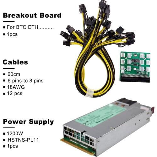 1200W PSU Power Supply for HP DL580G6 G7 498152-001 490594-001 438203-001 + Breakout Board + 12pcs 6pin-to-8pin Cables 60cm
