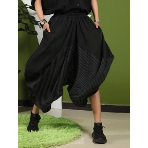 Loose personality fashion mens pants summer stripe Stitching harem pant men feet trousers Elastic waist pantalones hombre homme