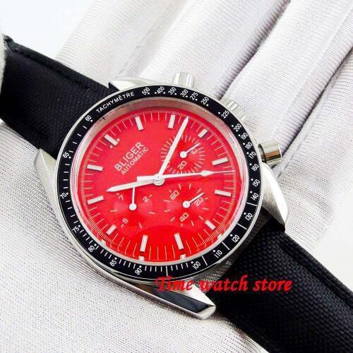Bliger 40mm Multifunction Automatic wrist Watch men Date Week display waterproof red dial leather strap black bezel