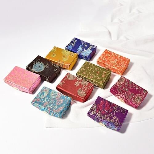 1Pc Case With Mirro Retro Embroidered Brocade Jewelry Holder Random Color Square Flower Design Lipstick Display Box