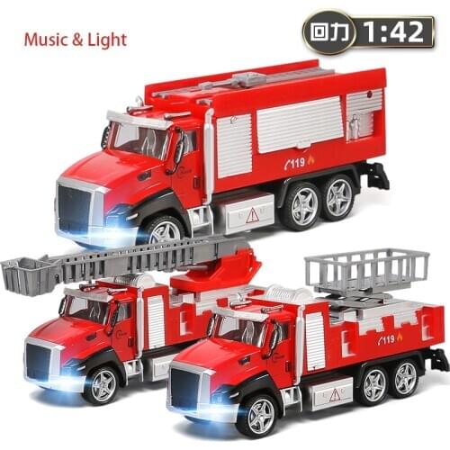 1:42 Simulation 21cm Rescue Fire Truck Alloy Diecasts Vehicle Music Light Pull Back Spray Water Car Model Toy Gift for Boys Y163