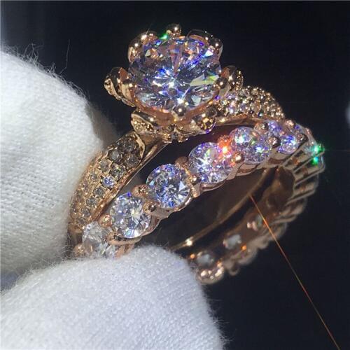 Classic Flower Lovers ring 3ct Clear AAAAA Zircon Cz Rose Gold Filled 925 silver wedding band rings set for women Men Jewelry