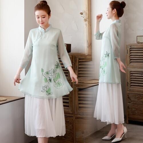 Chinese Style 2 Piece Sets Womens Outfits Cheongsam Top + Wide Leg Pants Set Tang Suit Female Elegant Two Piece Set Summer 11265