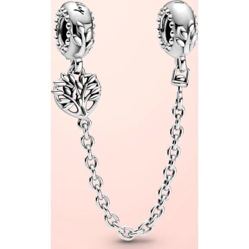 Hot sell 925 Sterling Silver Heart Family Tree Safety Chain Charm fit Original Pandola Bracelet DIY fine Jewelry Mother Day Gift