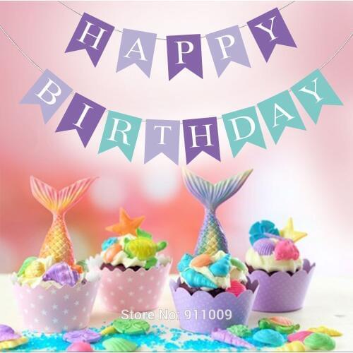 Mermaid Theme Party Decorations Happy Birthday Hanging Banners Party Backdrops Bunting Anniversary Party Supplies BA055