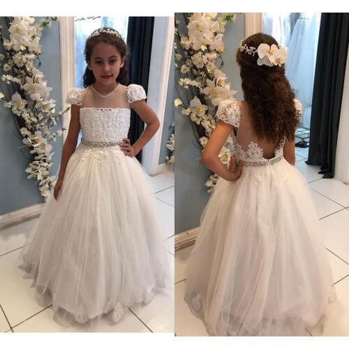 Sweet Flower Girl Dresses for Weddings O Neck Cap Sleeve Backless Floor Length Appliques Pearls Beads Child Birthday Party Gowns