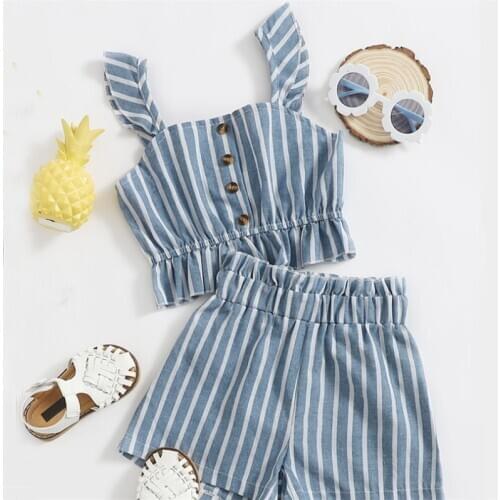 Fashion Toddler Kids Girls Summer Clothes Striped Sleeveless Ruffles Button Crop Tops+Elastic Shorts Hoiday Casual Outfits