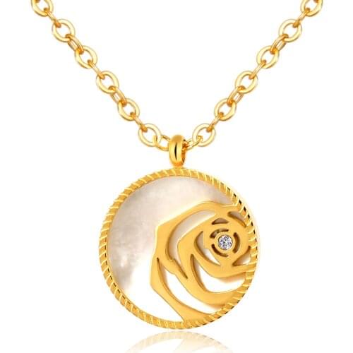 Fashion Rose Flower Pendant Necklace Round White Shell Charm Necklace For Women Men Fashion Necklace Jewelry Gift