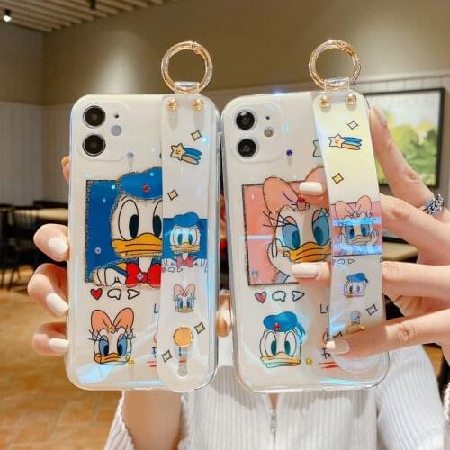 Disney Donald Duck Blu-ray Wrist Strap Inlaid Diamond Soft Case for iPhone 11 Pro Max 12 Mini XR XS Max 7 8 Plus X SE Back Cover