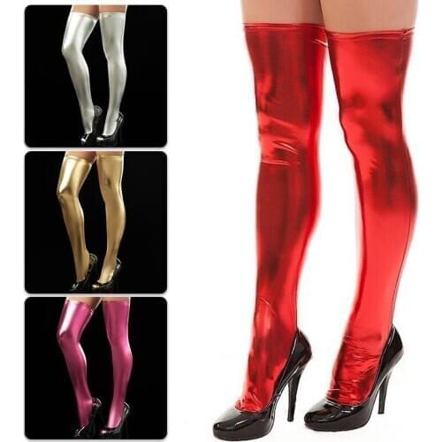 New Fashion Women PU Leather Stockings Over Knee Socks Long Boot Thigh-High Stockings Black Red Silver Gold Sexy Stocking